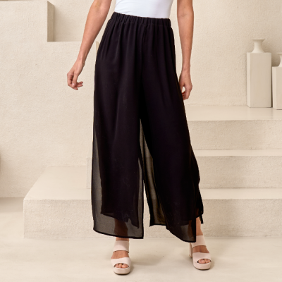 Chiffon Overlay Elastic Waist Pant in Black-XL