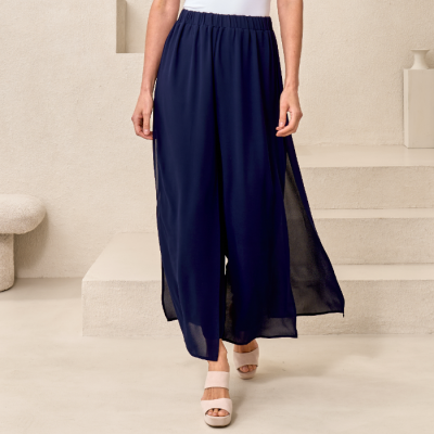 Chiffon Overlay Elastic Waist Pant in Navy-XL