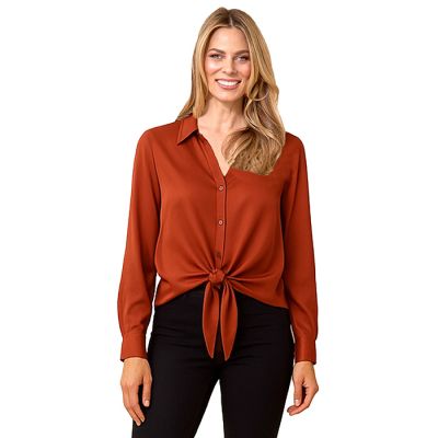 Satin-Look Button-Down Tie Blouse in Rust-XL