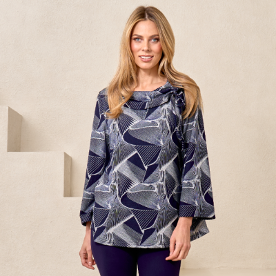 Mixed Media Blouse with Collar in Navy-XXL