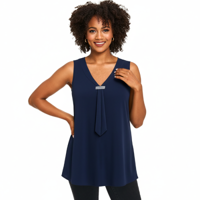 Crystal Faux Neck Tie Top in Navy