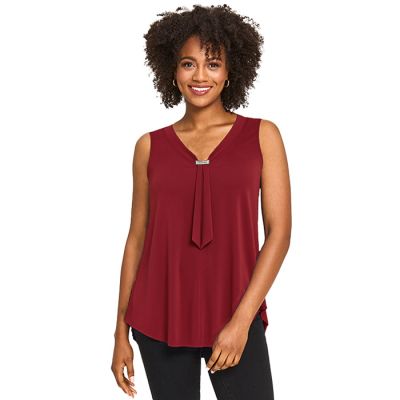 Crystal Faux Neck Tie Top in Red-S