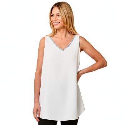 Crystal Trim V-Neck Tank in Ivory-S