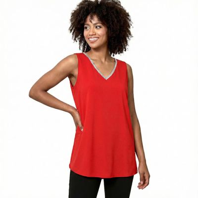Crystal Trim V-Neck Tank in Red