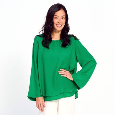 Side Split Double Layered Faux Linen Top in Green-M