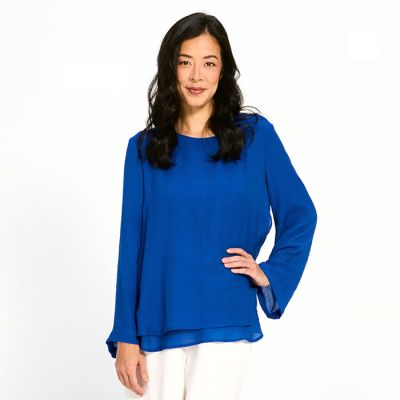 Side Split Double Layered Faux Linen Top in Royal-XL