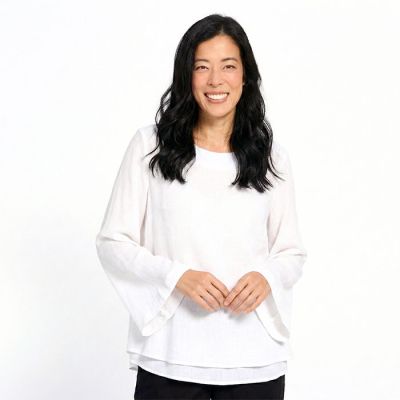 Side Split Double Layered Faux Linen Top in White-XL