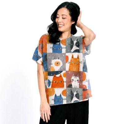 Playful Cat Patchwork Top-OS