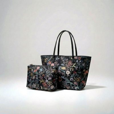 2-Piece Reversible Foil Floral Tote Set in Black