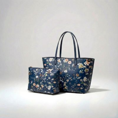 2-Piece Reversible Foil Floral Tote Set in Navy
