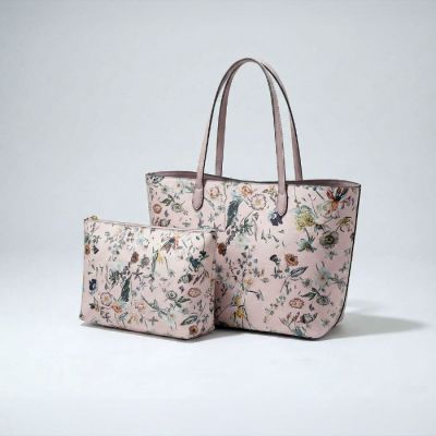 2-Piece Reversible Foil Floral Tote Set in Pink