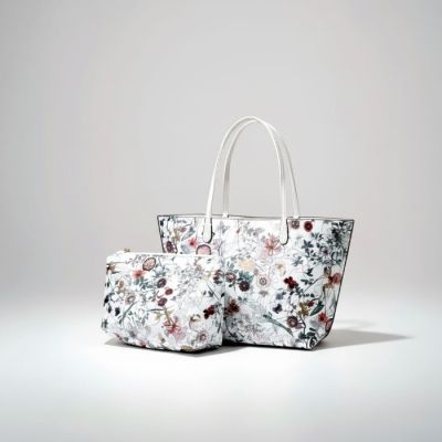 2-Piece Reversible Foil Floral Tote Set in Ivory