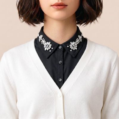 Floral Crystal Collar Dickey in Black-OS