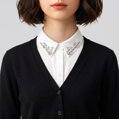 Crystal Embellished Collar Dickey in White