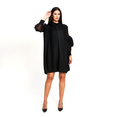 Ruffle Sleeve Plissé Detail Dress in Black
