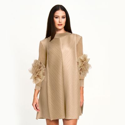 Ruffle Sleeve Plissé Detail Dress in Brown