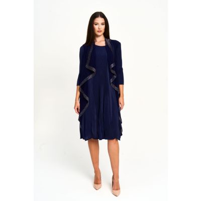 Gilded Ruffle Plissé Dress in Navy-OS