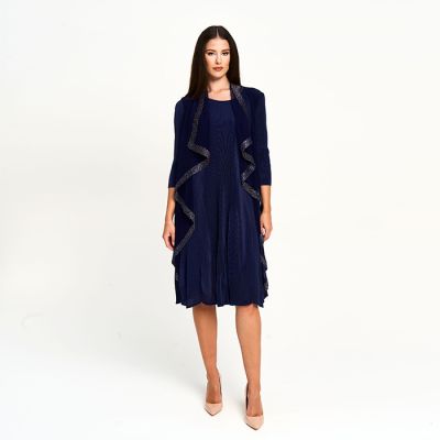 Gilded Ruffle Plissé Dress in Navy