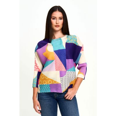 Abstract Print Plissé Top in Multi