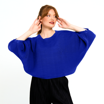 Plissé Bat Sleeve Top in Royal-RYL