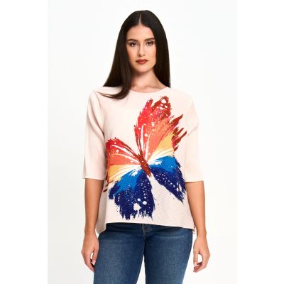 Painterly Butterfly Plissé Top in Ivory