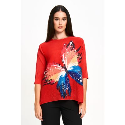 Painterly Butterfly Plissé Top in Red-OS
