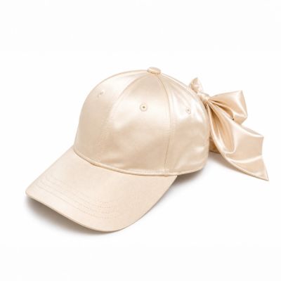 Satin Baseball Cap with Bow in Champagne