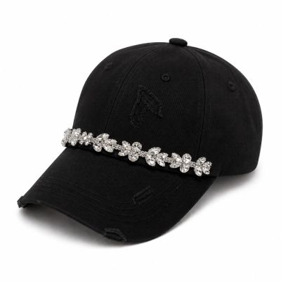 Distressed Crystal Edge Baseball Cap in Black