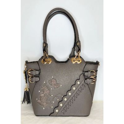 Large Butterfly Embroidered Handbag in Grey