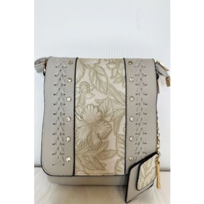 Floral Embossed Crossbody Bag in Light Grey