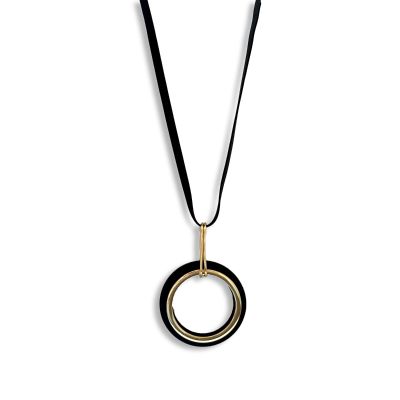 Circle Wood Ring Necklace in Black & Gold