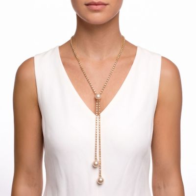 Rhinestone Pearl Y Necklace in Gold