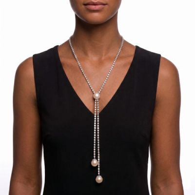 Rhinestone Pearl Y Necklace in SIlver
