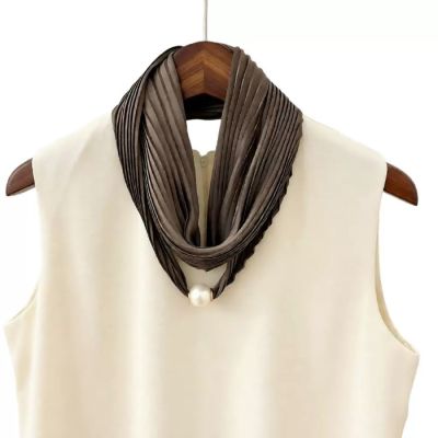 Pleated Magnetic Pearl Scarf in Taupe-OS