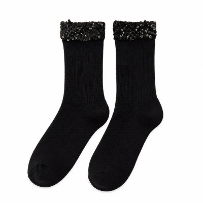 Black Sequin Cuff Long Socks-OS