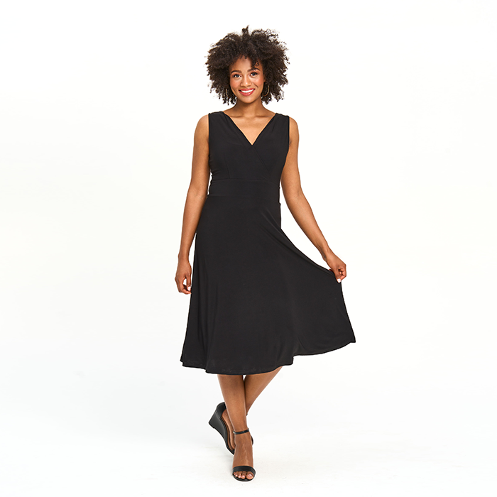 Midi Length Faux Wrap Dress in Black