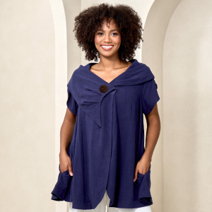 Oversized Collar Linen Blend Jacket in Navy