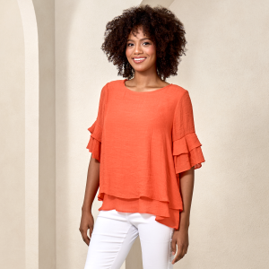 Double Flutter Sleeve Faux Linen Top in Orange