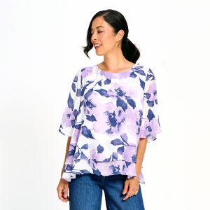 Painted Florals Double Layer Faux Linen Top in Purple