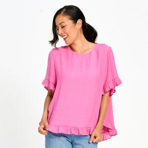 Gentle Ruffle Faux Linen Top in Peony