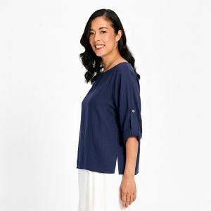 Linen Cotton Blend Boat Neck Top with Pick Ups in Ink