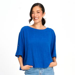 Linen Cotton Blend Boat Neck Top with Pick Ups in Royal