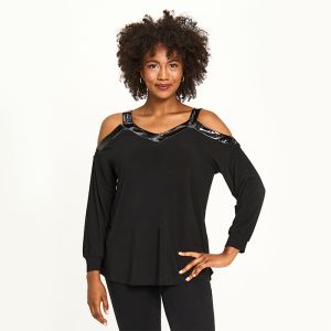 Faux Leather Trim Cold Shoulder Sweetheart Top