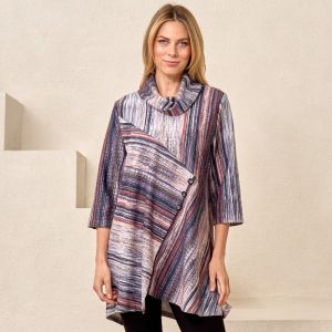 Asymmetrical Button Detail Tunic in Stripe