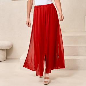 Chiffon Overlay Elastic Waist Pant in Red
