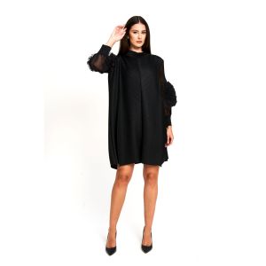 Ruffle Sleeve Plissé Detail Dress in Black