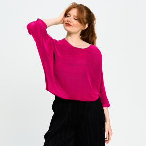 Plissé Bat Sleeve Top in Fuchsia