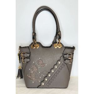 Large Butterfly Embroidered Handbag in Grey