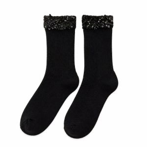 Black Sequin Cuff Long Socks